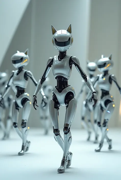 Several cat-like robots are performing the same dance using AI