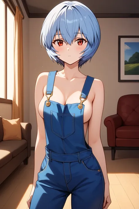 masterpiece,best quality,{{detailed beautiful face and eyes}}, very detailed background,
Rei Ayanami,{{{megami magazine}}},short hair,blue hair,hair between eyes,red eyes,medium breasts,
nude,(Bare, overalls:1.3),
1girl,(is expressionless,big blush,closed ...