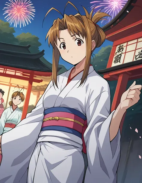 narunarusegawa, naru narusegawa, long hair, brown hair, antenna hair, brown eyes,
ponytail, japanese clothes, kimono, sash, obi, yukata, white kimono, folded ponytail,
outdoors, shrine, festival, fireworks,
looking at viewer, dutch angle, cowboy shot,