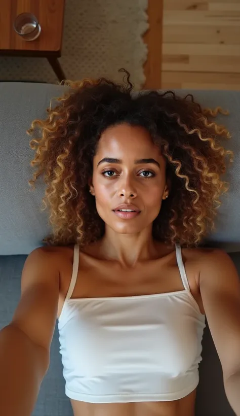 ultra realistic front-facing camera smartphone selfie a woman. Her whole face is in frame, her hair slightly pushed back, her face is lit by a bright light. She has a square face. She is approximately 20 years old. She has brown, frizzy curly afro-caribbea...