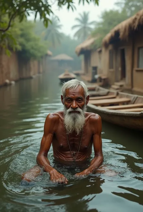 Hinduism An old man bathes in the Godavari river in a small village. Background Village.