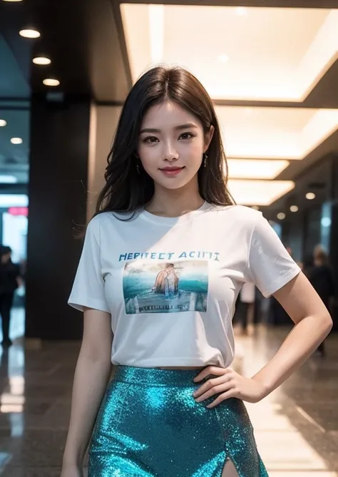 a beautiful korean girl, walking in dubai airport and shopping, (wearing a silky glitter seafoam t-shirt with " SUISY " ENGLISH TEXT ON T-SHIRT), tight mini skirt, long flowing hair, detailed beautiful face with striking eyes and lips, long silky hair, ele...