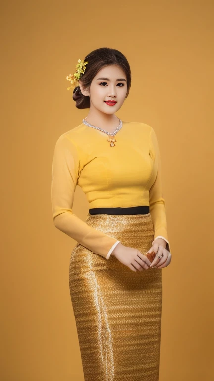 painting style  A beautiful young Burmese woman of Southeast Asian ethnicity stands gracefully against a rich and warm background.  She wears a traditional dress.  It is worn with long sleeves of karin or white.  The long skirt is red,  white  Paired with ...