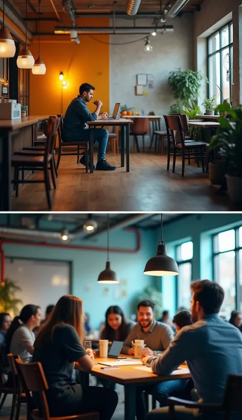 A split-screen montage: in the first part, an entrepreneur sits alone in a simple café, planning their future. In the second part, they are surrounded by a team in a successful office, showing the evolution from a growth mindset to success. The transition ...