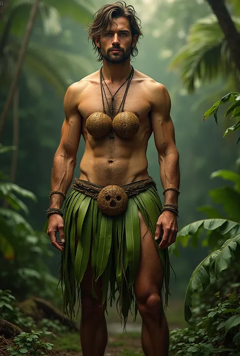 Make a picture of a men with height of 6’3 who has a  skirt that has  banana leafs hanging around it and instead of a shirt two coconuts cut in half around his chest like a bra with messy hair