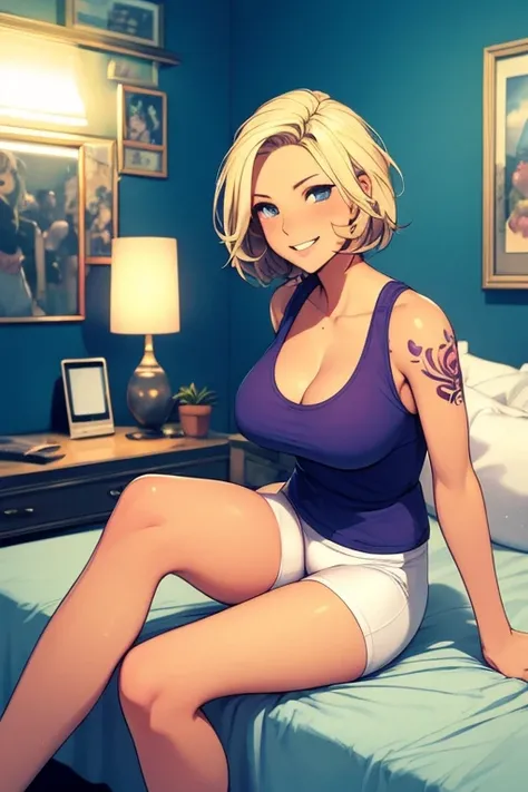 (High quality) Short blonde hair, blue eyes, lean tonned body, medium sized round breasts, white tank top, short blue hot pants, laying on the bed, her legs is pressed against the wall, she has a tattoo on her right arm and left leg, smart phone in her han...