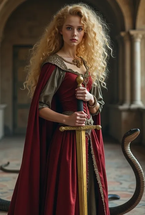  Blonde northern European girl with curly full hair stands very self-confidently in a hall in a castle, There is a golden sword in her hand , A dangerous snake snake can be seen next to her, The snake looks at the girl.