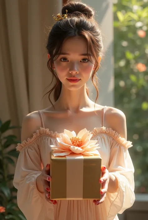 A beautiful girl carries a gift and is presented to me by her lover 