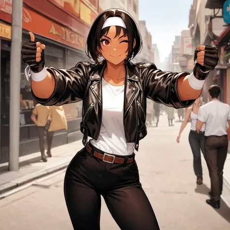 One woman, solo, voluptuous, black hair, short hair, red eyes, narrow eyes, brown skin, ((both thumbs up: 0.8)), ((black leather jacket with rolled up arms)), open jacket, fingerless gloves, white T-shirt, ((white headband)), wearing black pants, white sho...