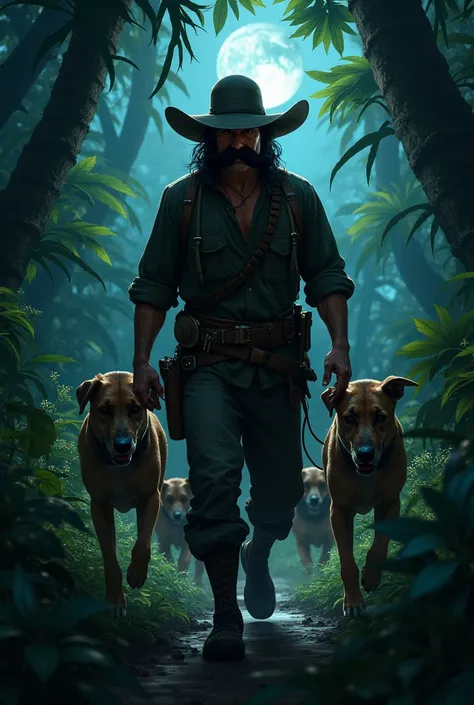 make a person with only a black mustache and his hounds hunting at night in the jungle