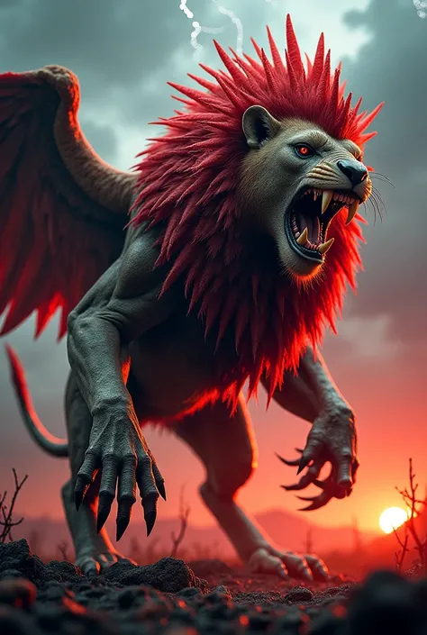 "Create a monstrous hybrid creature combining the features of a lion and a chicken into a single terrifying entity. It has the powerful, muscular body and sharp claws of a lion, but with twisted, mutated avian elements—massive, razor-sharp talons replacing...