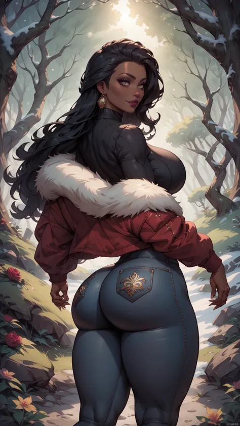 (date:20250205, By:Joulios) (black girl, black woman, dark woman)(A gorgeous busty black woman :1.5)(Black girl:1.5) 25yo, with long hair, dressed in a snow fur jacket, tight white jeans, in a frozen forest, ((Anatomically Perfect)(a perfect body)(sexy bea...