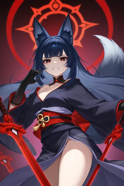  fox ears、Dark blue hair、 long hair、Fox Tail、Dos black red eyes、フード付きFeather毛Feather衣、 best thighs、 Genshin、Feather、Swarm of crows、Red Sword、Halo、 beautiful skin、Clear shadows、 kimono、Jagged teeth