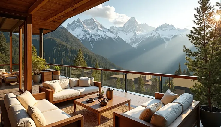 A breathtaking outdoor balcony overlooking majestic snow-capped mountains and a lush forest. The space features elegant, modern outdoor sofas with plush cream-colored cushions, arranged around a wooden coffee table. On the table, a tea set and decorative p...