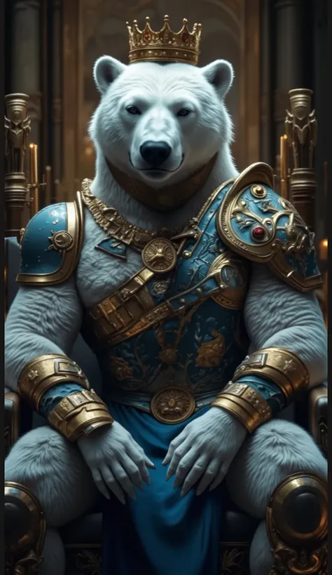 A regal humanoid polar bear king sits on a golden and blue throne in a grand, dimly lit hall. His thick, white fur contrasts with his magnificent gold and sapphire armor, which features intricate engravings and royal symbols. He wears a golden crown adorne...