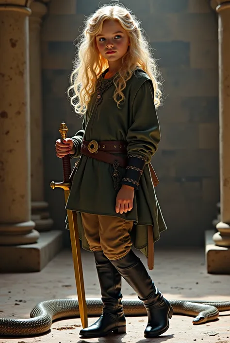  Blonde northern European girl with curly full hair stands very self-confidently in a hall in a castle, There is a golden sword in her hand , Shiny black boots , A dangerous snake snake can be seen next to her, The snake looks at the girl.