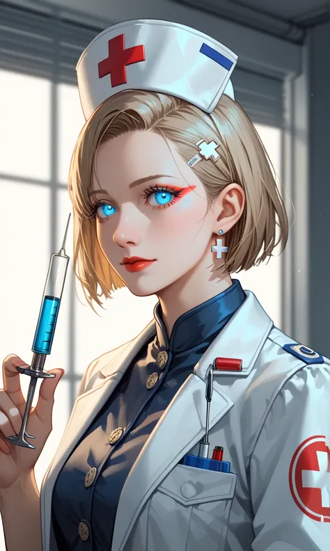 "A futuristic medical robot named ANNA with a face inspired by Kara from Detroit: Become Human — soft, human-like features, glowing blue eyes, and a calm, empathetic expression. Her body design is sleek, elegant, and subtly sensual, combining retro-futuris...