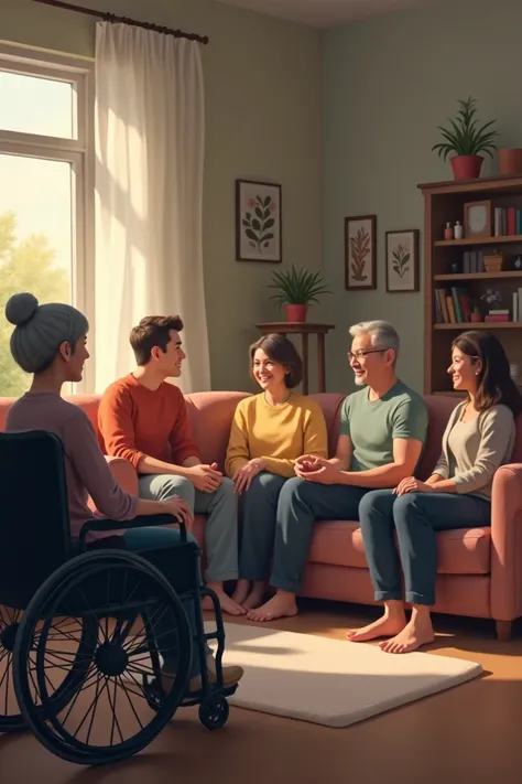 Three men and two women are sitting on the sofa. and near them there is a middle-aged woman sitting in a wheelchair, with the background of the living room