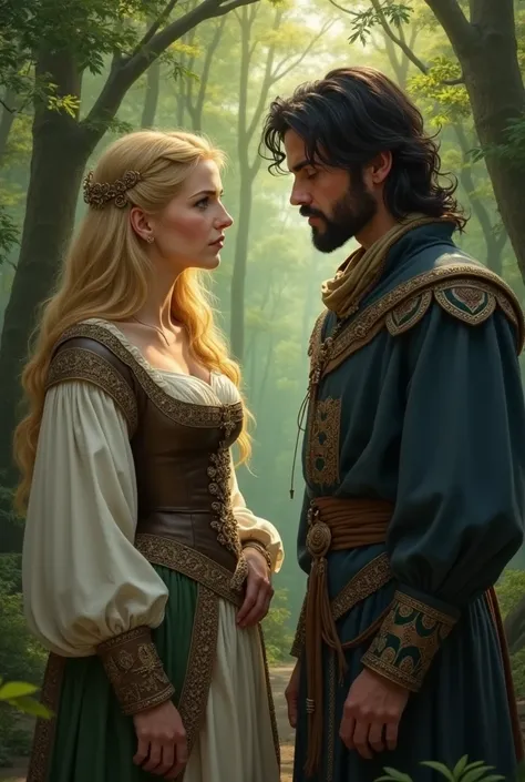 Create a fanart-style image The painting must take place in a forest and the character must be a blond woman with green eyes and the man without a beard or mustache with black hair and blue eyes are talking. Both must wear mediaeval-style clothing

