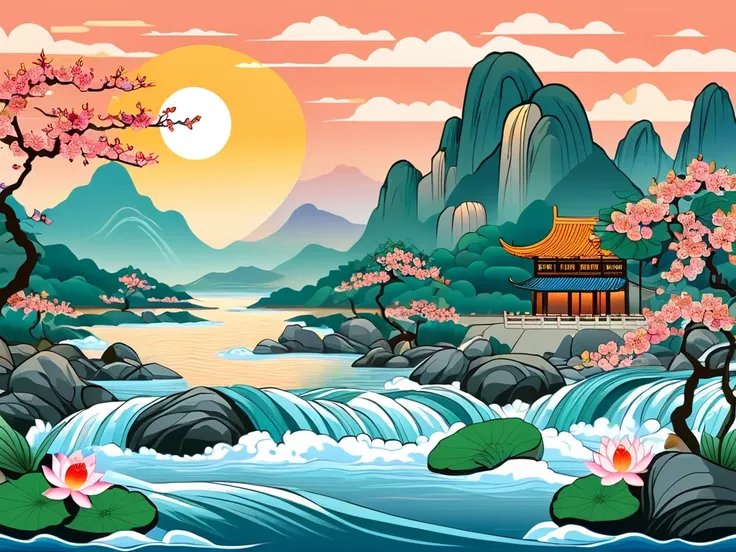 A Chinese-style scene with mountains, peach trees, rivers, sunset, waterfalls, lotus leaves and stones on the surface of the water, waves, stylized scene original style