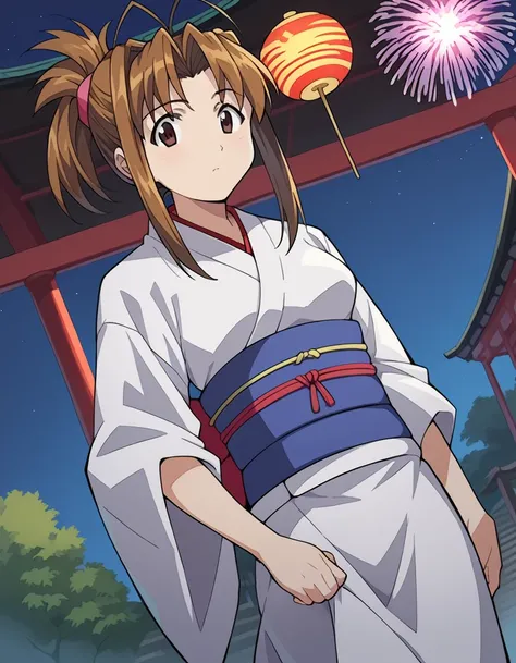 narunarusegawa, naru narusegawa, long hair, brown hair, antenna hair, brown eyes,
ponytail, japanese clothes, kimono, sash, obi, yukata, white kimono, folded ponytail,
outdoors, shrine, festival, fireworks,
looking at viewer, dutch angle, cowboy shot,