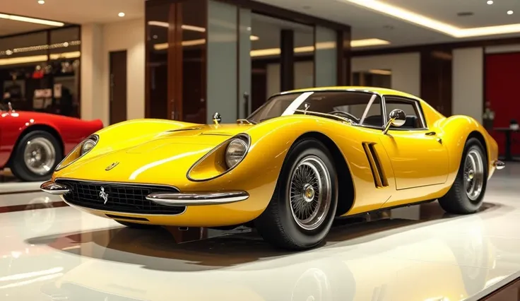 A close-up 3D render of the 2025 Ferrari 250 GTO in a glossy, ultra-shiny yellow color. The car is displayed from the left side full view, highlighting its aerodynamic curves, sleek body lines, and elegant wheel design. The background features a luxurious ...