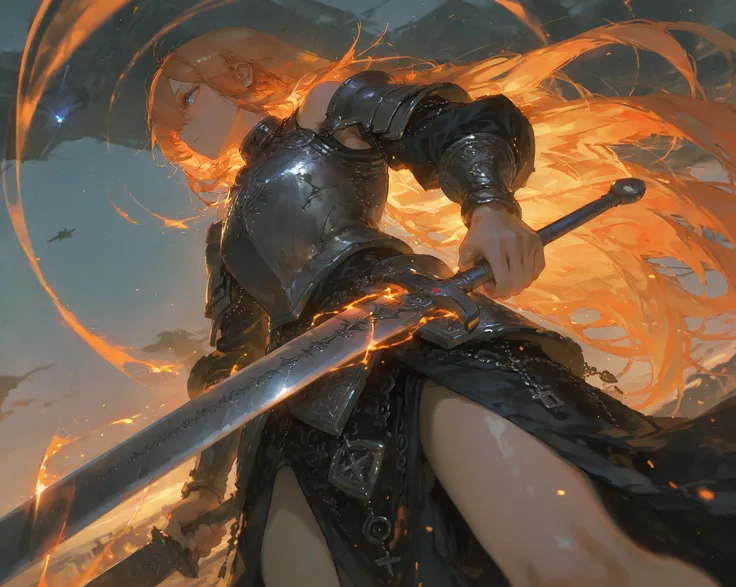  A powerful warrior girl with long flowing orange hair and sparkling silver eyes. She wears silver-black armor engraved with ancient character motifs. Her shoulders are pointed armor, one hand holds a giant sword. Vibrant with magic power, the other holds ...