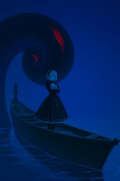 Giant girl leaning out of the sea. She wears a gothic dress. dress with ruffles. Innocent laughter.  Grab and sink the ship. Wooden boat. Tentacles extending from the sea. View from the ship.