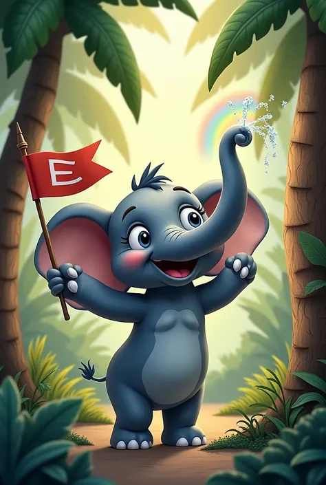 A happy blue-gray elephant with big floppy ears is waving its long trunk like a flag. Water splashes from its trunk, making a small rainbow in the sunlight. Jungle trees and palm leaves surround the scene, and the letter "E" is carved into a tree trunk nea...