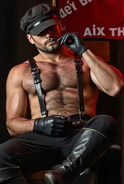 Cinematic and hyper realistic photo of leather master Henry Cavill, showcasing his muscular physique and thick hair coat, creepy smile, lounging in a provocative, stroking huge erect cock and hairy balls out of pants, white sperm leak out of cock, breathta...