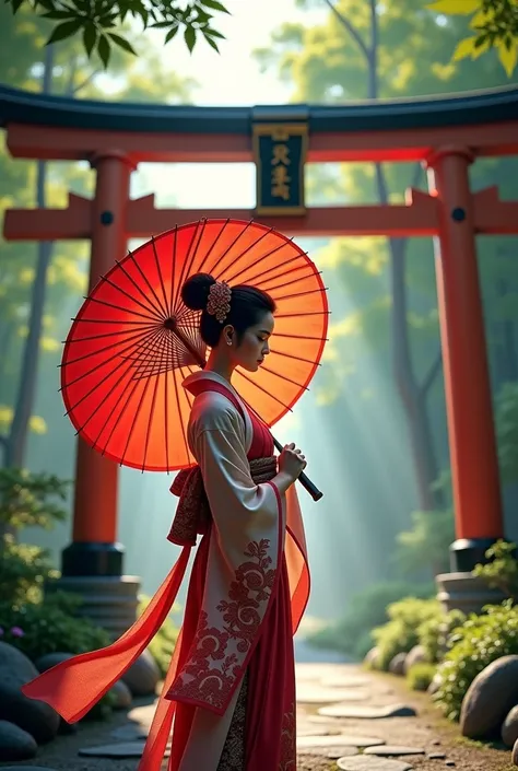   Forest in the background、torii、  beautiful girl、Ancient Japanese costumes 、 Red Umbrella