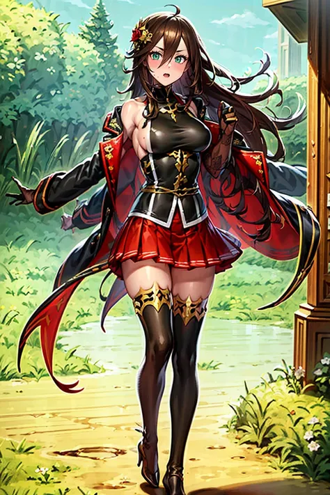 (masterpiece, best quality:1.2), 1girl, solo, adult face, fearless face, military uniform, red pleated skirt, brown hair, green eyes, very long hair, elbow gloves, dare thigh, thighighs, long jacket, black tunic and collar jacket in shoulders, full clothed...