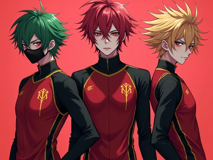 3 male oc de l'anime classeroom for heroes. boy 1 measure 1m78 green and black hair
artificial stylish scarlet eyes 
Wear a horror mask 
red and black sports uniform.
Demonic look 
Garçon 2 mesure 1m80 cheveux rouge et vert yeux ecarlate stylé artificiel 
...