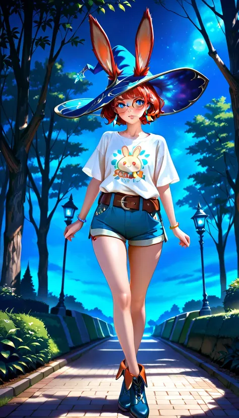 a girl with blue eyes, bunny ears, red hair, freckles, round glasses,wearing a casual outfit, shorts and a cute t-shirt, modern outfit, brown belt, earrings, long eyelashes,  pretty face, witch hat, standing in a park at night, highly detailed, 8k, photore...