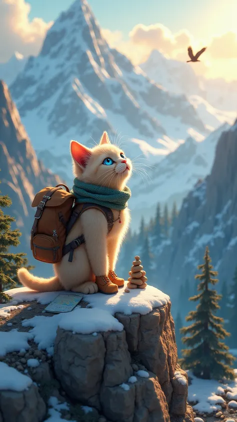 A plump, cream-colored cat with soft, fluffy fur and bright, inquisitive blue eyes stands proudly atop a rugged mountain peak. Wearing a snug, knitted scarf wrapped cozily around its neck and tiny hiking boots fitted to its paws, the cat gazes out at the b...