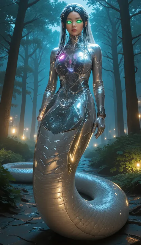 Snake Woman.a female character with a serpent-like lower body.Her upper body is human, but her lower body is serpent-like.Create an image of a futuristic snake woman who combines both the raw beauty of nature and the sleek precision of advanced technology....