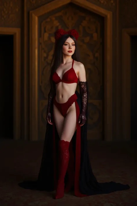 hyperrealistic, glamorous photo, masterpiece, dramatic angle, best quality,
priestess of chaos, slutty look, open depraved clothed, black and red colors clothed, sexual body, medium breasts, dynamic pose, cursed temple as background,, high fashion, luxurio...