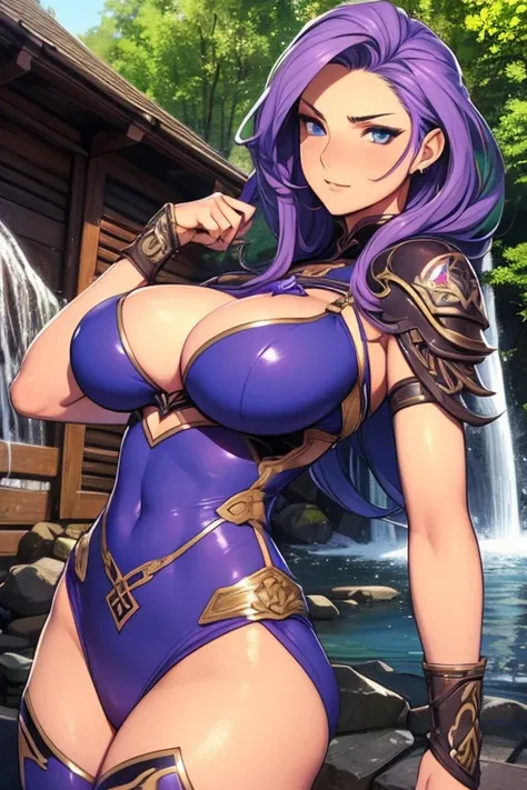  (High quality) mature warrior woman, long Blue hair with purple highlights in her hair, blue eyes, several tattoos, exposed cleavage, busty lean body, big sized breasts, she is in her gear, a reinforced wooden house is behind her near a waterfall, in her ...