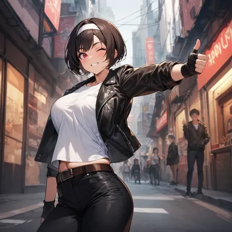 One woman, solo, voluptuous, black hair, short hair, red eyes, narrow eyes, brown skin, ((both thumbs up: 0.8)), ((black leather jacket with rolled up arms)), open jacket, fingerless gloves, white T-shirt, ((white headband)), wearing black pants, white sho...