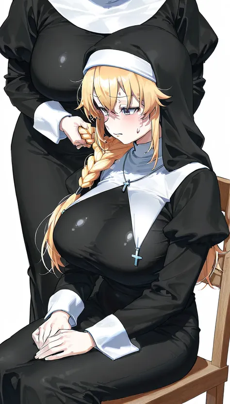 Big Breasts、、sweat、In the heat、  braiding 、Uzaki_、 nun&#39;Clothing、Women,  nun, Black Habits ,  Long Sleeve,  troubled face、
{  top quality }, {   sit on a chair and wear very beautiful   },  very well detailed }, { Best Illustrated },、