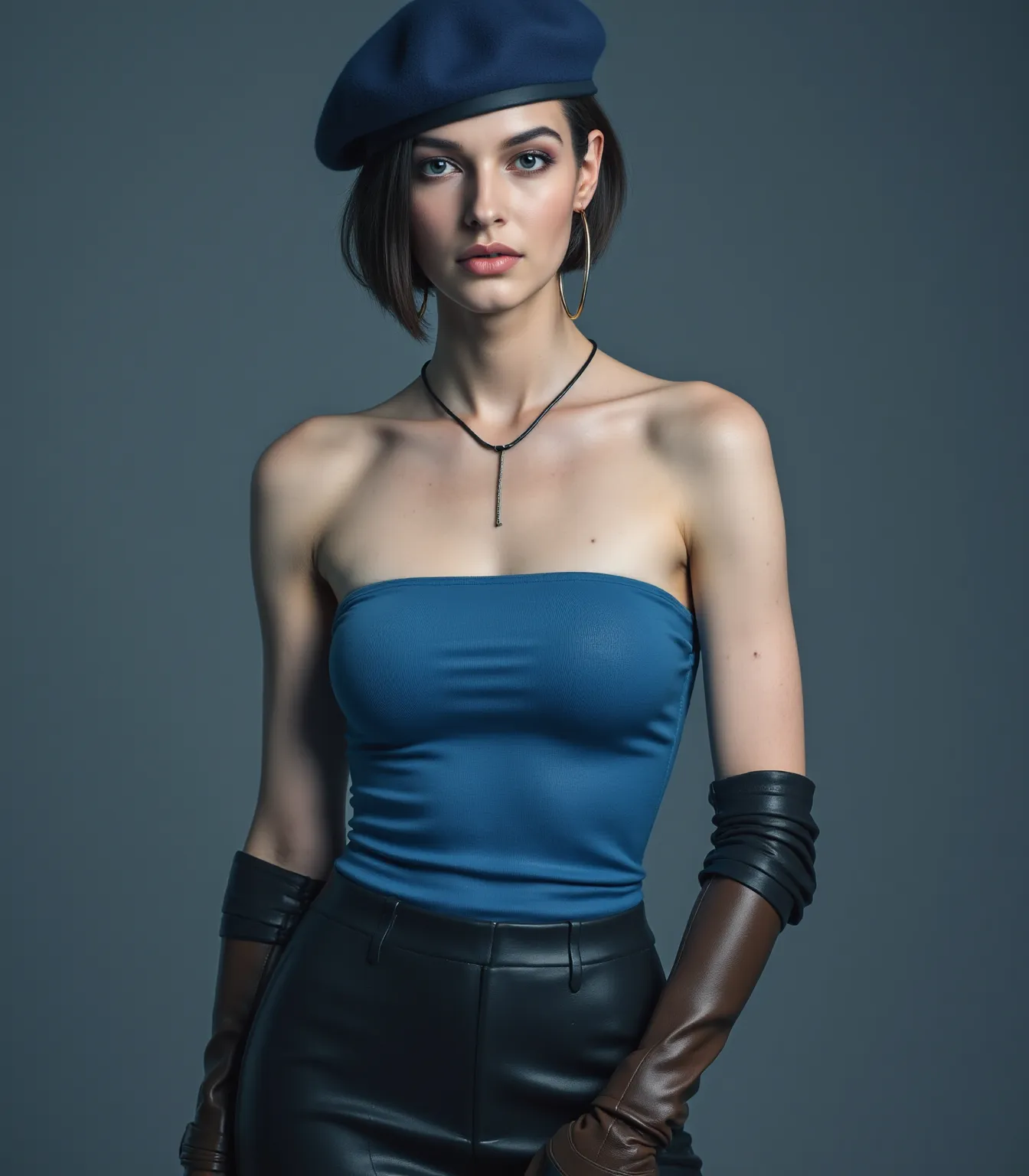 a beautiful female with short black hair, blue eyes, slim body, medium breasts, wearing a form-fitting blue tube top, black mini skirt, brown boots, a blue beret, emphasizing her sleek presence. The background allows the viewer to focus on her eye-catching...