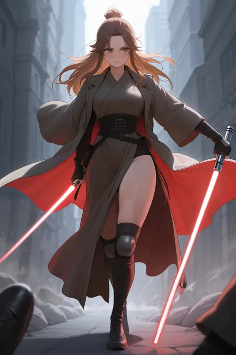  1girl ,full body,A female Jedi with a lightsaber,、Combat Stance、Guarding、Blocking,、 dynamic composition 、,  hand、 action、 perfect anatomy　、、woman、woman、、 fingerless gloves that rush to the nipples、 beautiful thighs、