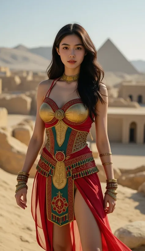 A photorealistic front full body shot of a beautiful Egyptian girl of 25 years old. The girl is in a warrior pose ready to fight. The girl has a warrior muscular body. The Girl is dressed in an ancient, epic and decorated Egyptian armor with the colours of...