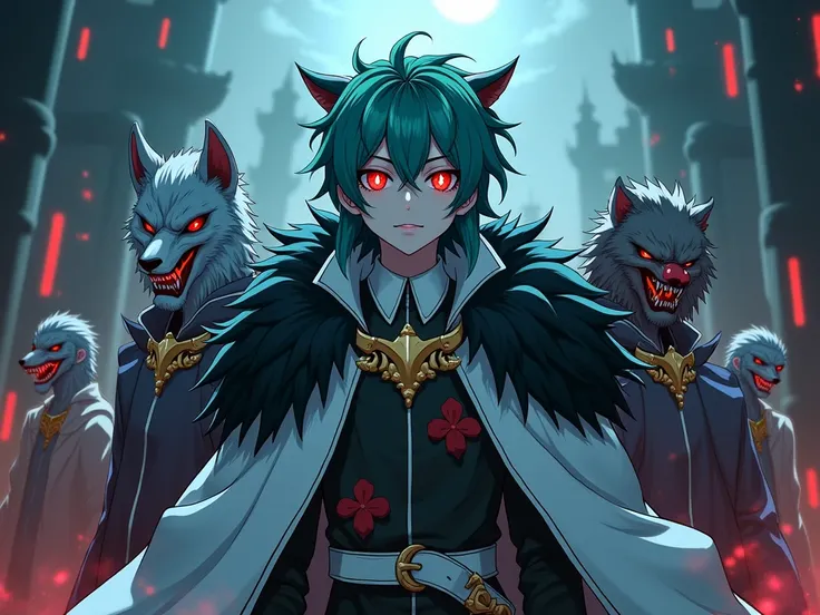 
group oc male de l'anime re zero.
green blue hair with scarlet eyes 
Stylish artificial Wears war masks
white and black lion cape 
Demonic look 
Are in front of a demon castle surrounded by vampires and werewolves and zombies.
