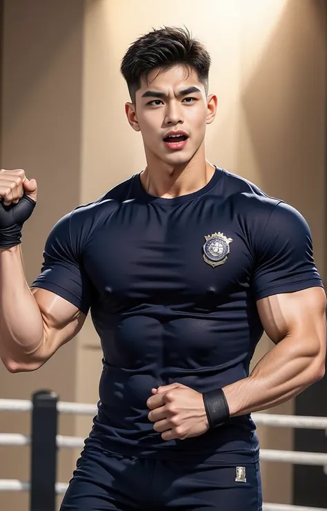 ชายหล่อ โดนต่อยที่หน้า อ้าปาก ยกมือยอมแพ้ และต่อสู้ในสังเวียน, , wearing a ripped navy more Torn t-shirt, realistically, best quality, masterpiece, 25-year-old asian korean men, handsome man with skinhead hair, small eyes, wearing a ripped navy Torn t-shir...