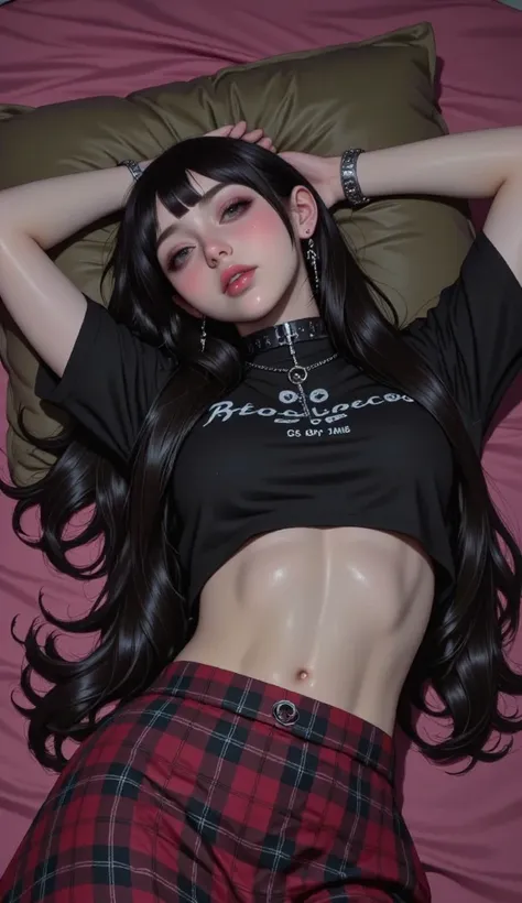 arafed woman lying on a bed with a old pink blanket, top with inscriptions and drawing, red and black plaid miniskirt, You can see his abdomen, sensual image without being vulgar, shiny jet black hair, fringe, hair falls to the sides,  she looks at the cam...