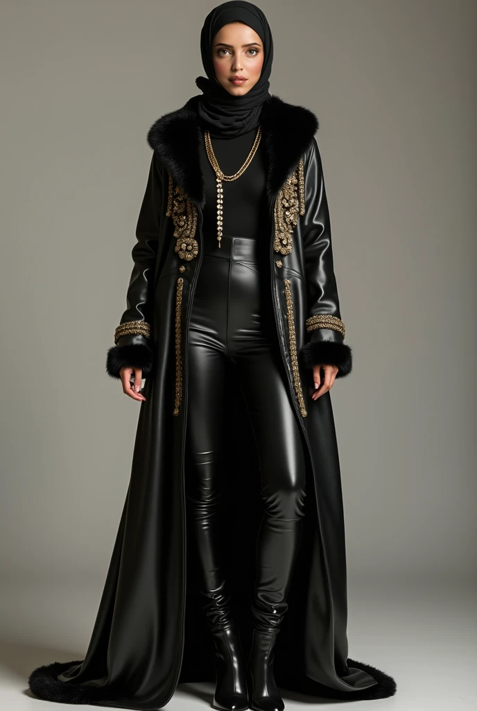 A beautiful woman wears a stylish turtleneck paired with sleek, tight latex pants. Over the turtleneck, she drapes a long, elegantly gold-designed, open Kloosh black latex abaya adorned with stone embellishments. A luxurious woolen fur scarf is wrapped aro...