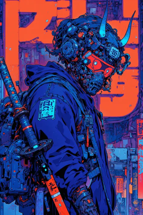   anime-style illustrations, Sci-fi Hi-Tech Wear Fused with Kimono,  Devil Wears a Sword and Demon Mask ,Warriors in Noh Mask , Mobility , Neon Blue Lighting Effects , Gadget Details ,Demon SF Samurai, cyberpunk samurai,very beautiful  cyberpunk samurai,St...