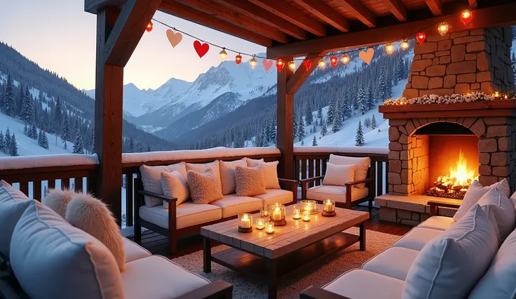 A breathtaking outdoor lounge in a snowy mountain setting, offering the perfect winter escape. The wooden deck is illuminated by soft string lights, while a roaring fireplace built from rustic stone adds warmth to the space. Plush cream-colored cushioned s...