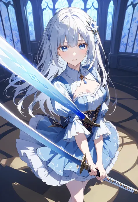 long hair, bangs, blunt bangs, Blue eyes, silver hair, hair ornament, small breasts, sword guard stance, weapon, solo, katana, holding, view from side, looking at viewer, she wears a blue dress with light accents made of sheer silk and featuring puffed sle...